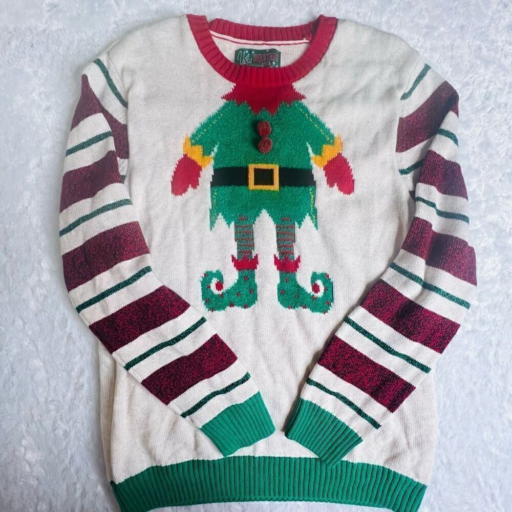 Ugly Christmas Sweater Womens Multicolor Holiday Elf Knit Pullover Sweater Large